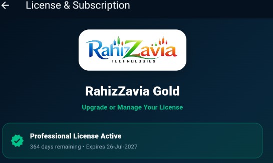 RahizZavia license and subscription screen